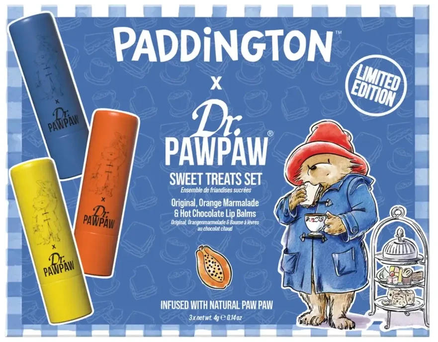 Set Dr. PawPaw: Paddington Oranžinis Marmalade Hydrating Lūpų balzamas, 4 g + Paddington Bear Original Balm Vegan Lūpų balzamas, 4 g + Hot Chocolate Hydrating Lūpų balzamas, 4 g