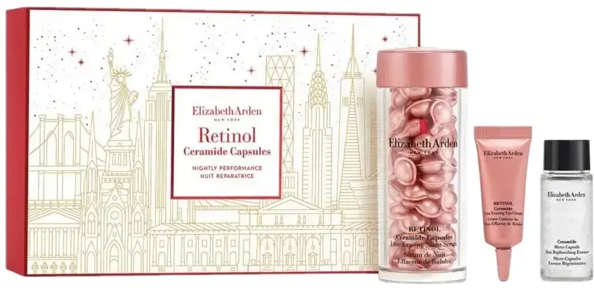 Elizabeth Arden rinkinys: Retinol, Ceramide, mažina smulkias raukšleles ir raukšles, serumo kapsulės, veidui, 60 vnt. + Ceramide, Retinol, glotninantis akių kremas, 5 ml + Retinol + HPR Ceramide, atnaujinantis vandens kremas veidui, 15 ml, moterims