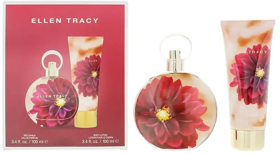 Set Ellen Tracy: Dream Florals Raudona Dahlia Eau De Parfum For Women, 100 ml + Dream Florals Raudona Dahlia Moisturizes Losjonas kūnui Body, 100 ml