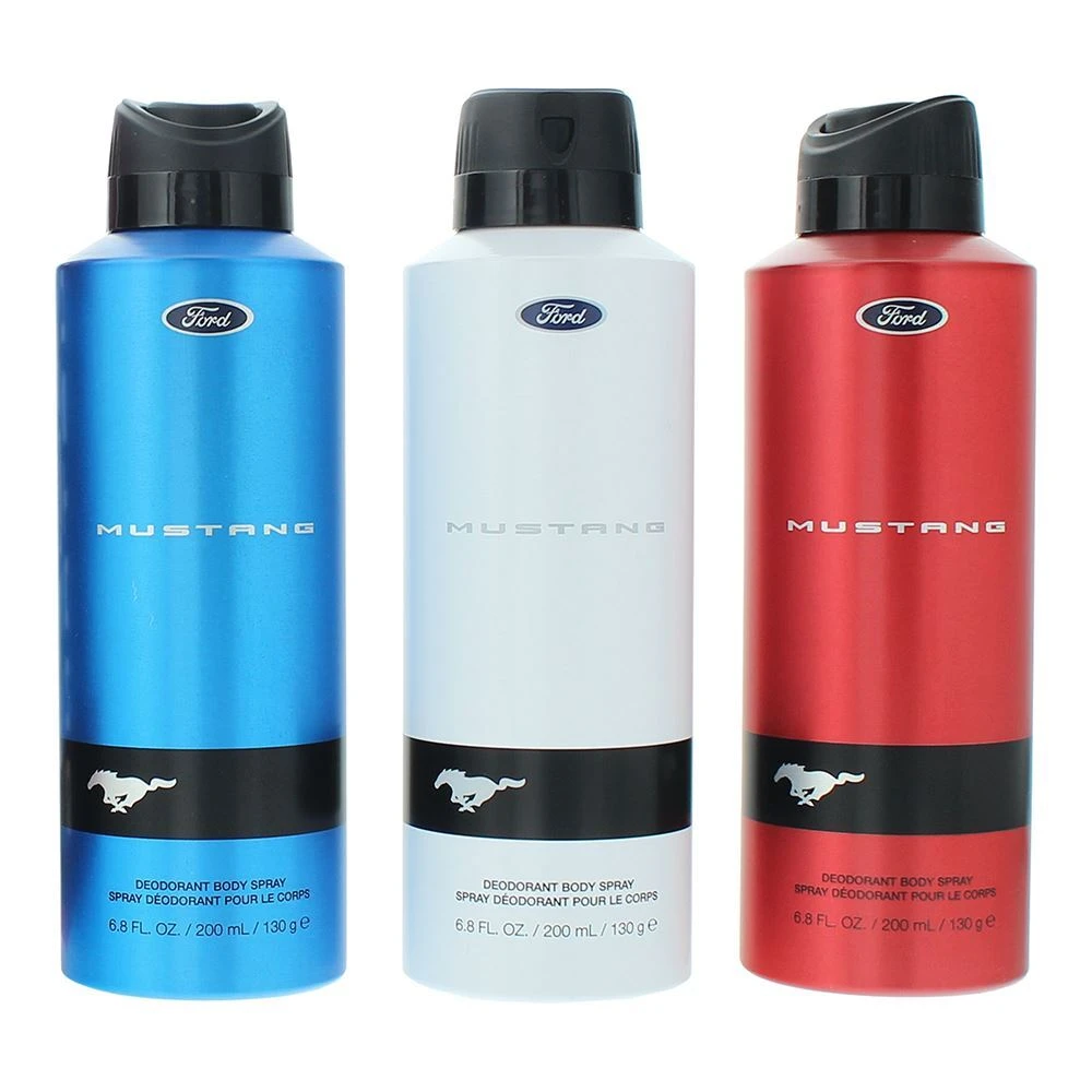 Set Ford: Mustang Mėlyna Dezodorantas Purškiklis For Men, 200 ml + Mustang Raudona Dezodorantas Purškiklis For Men, 200 ml + Mustang Baltas Dezodorantas Purškiklis For Men, 200 ml