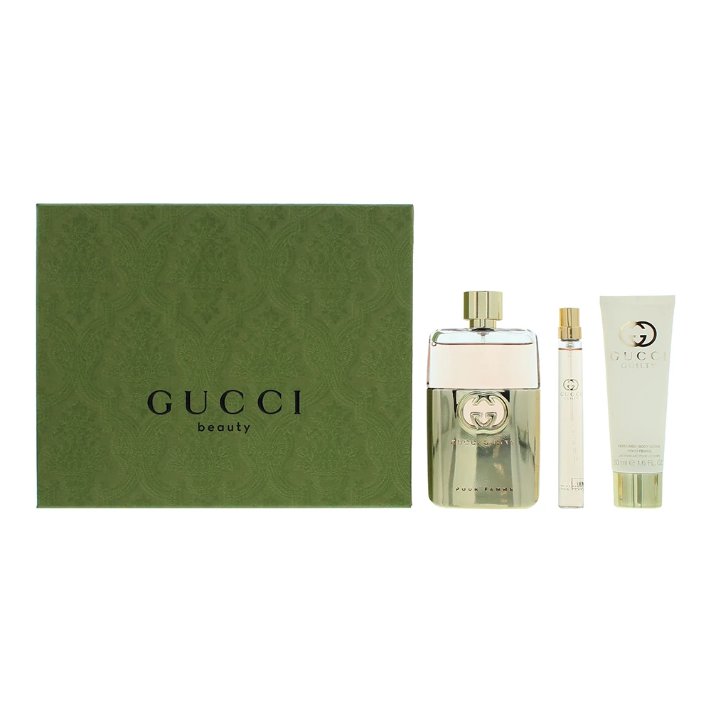 Rinkinys „Gucci“: „Guilty“ kvepalai moterims, 90 ml + „Guilty“ kvepalai moterims, 10 ml + „Guilty“ drėkinamasis losjonas kūnui, 50 ml