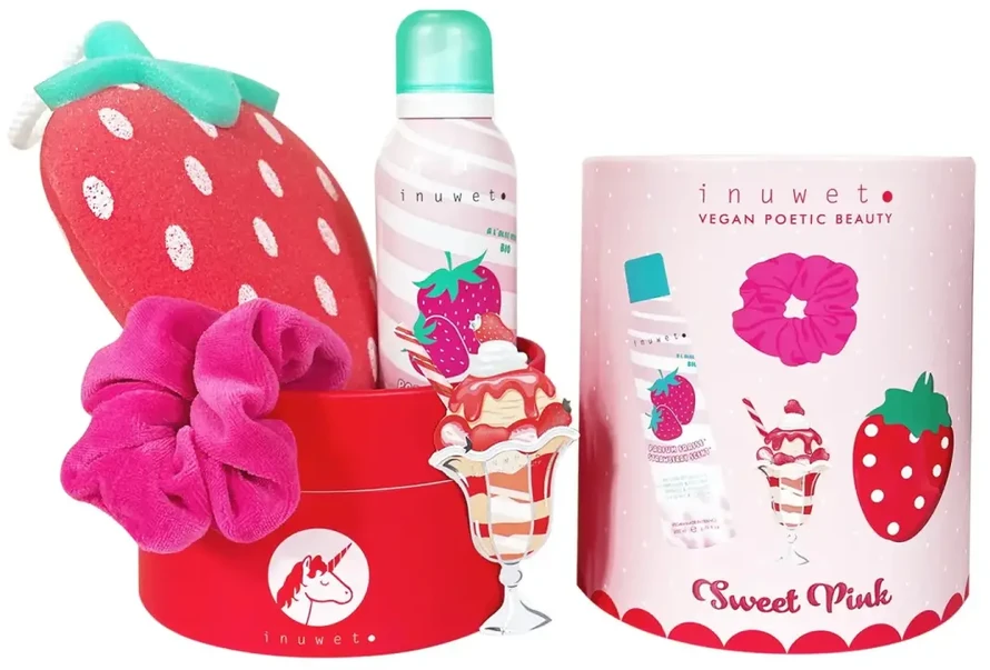 Set Inuwet: Strawberry Cleansing & Moisturising Shower Mousse, 200 ml + Scrunchy Hair Elastic + Strawberry Body Sponge + Strawberry Gift Sticker