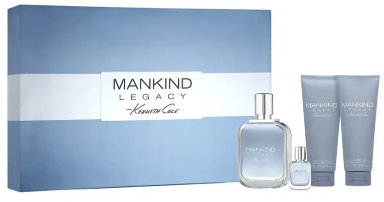 Rinkinys Kenneth Cole: „Mankind Legacy“ tualetinis vanduo vyrams, 100 ml + „Mankind Legacy“ balzamas po skutimosi, 100 ml + „Mankind Legacy“ dušo želė ir šampūnas 2 viename, 100 ml + „Mankind Legacy“ tualetinis vanduo vyrams, 15 ml