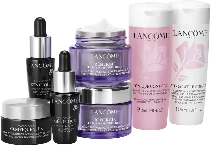 Set Lancome: Renergie HPN 300-Peptide Anti-Aging Daily Kreminis For Face, 2 vnt., 15 ml + Advanced Genifique Anti-Aging Serum For Face, 2 vnt., 7 ml *Miniature + Advanced Genifique Hydration Paakių kremas, 5 ml + Galatée Confort Free of allergens Makeup Rem