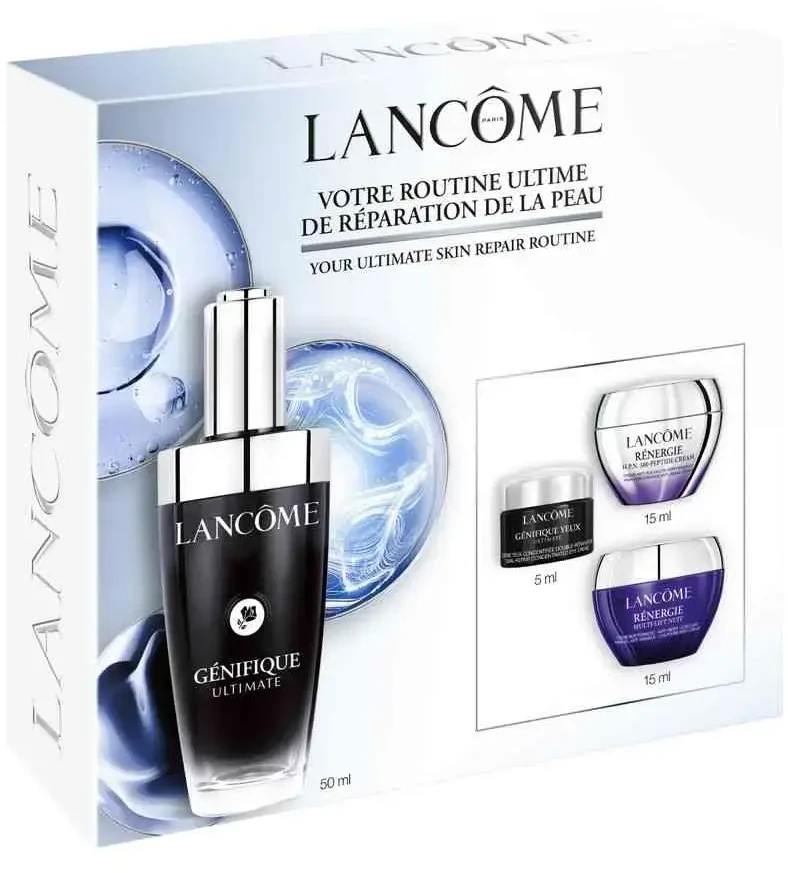 Set Lancome: Renergie HPN 300-Peptide, Anti-Aging, Daily, Kreminis, For Face, 15 ml + Genifique Ultimate, Repairing, Daily, Serum, For Face, 50 ml + Renergie Multi Lift, Moisturizing, Night, Kreminis, For Face, 15 ml + Genifique Ultimate, Revitalising, Day & Night, Paakių kremas, 5 ml *Miniature