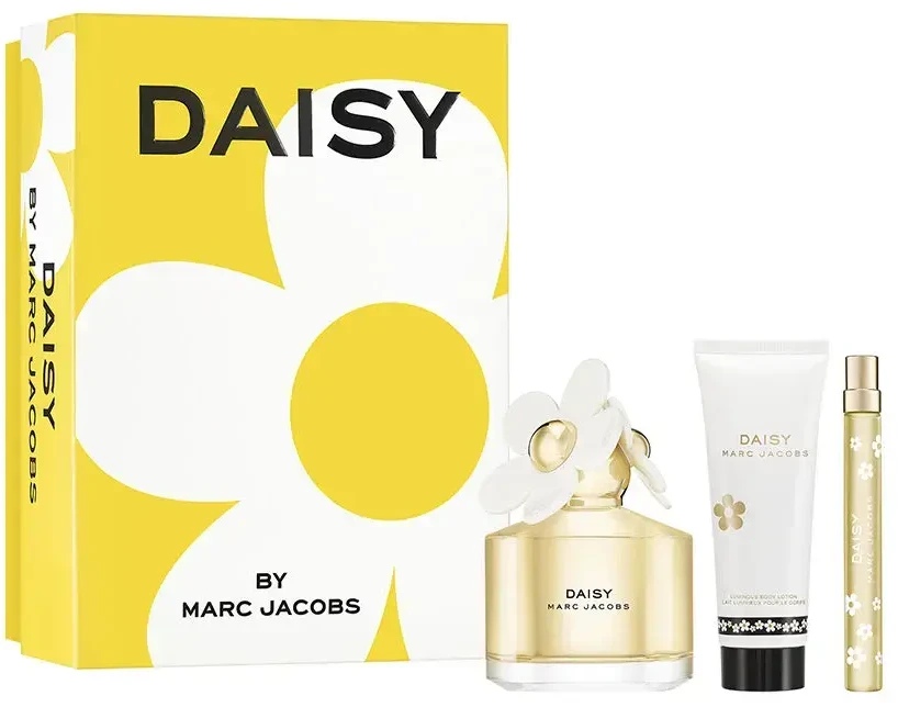 Rinkinys Marc Jacobs: „Daisy“ tualetinis vanduo moterims, 100 ml + „Daisy“ tualetinis vanduo moterims, 10 ml + „Daisy“ drėkinamasis losjonas kūnui, 75 ml