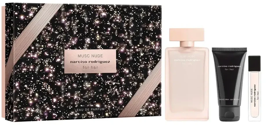 Set Narciso Rodriguez: Musc Nude Eau De Parfum For Women, 100 ml + Musc Nude Hydrating Losjonas kūnui, 50 ml + Musc Nude Eau De Parfum For Women, 10 ml