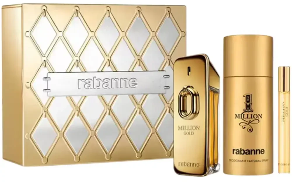 Set Paco Rabanne: Million Gold Eau De Parfum For Men, 100 ml + Million Gold Eau De Parfum For Men, 10 ml + 1 Million Anti-Perspirant Dezodorantas Purškiklis For Men, 150 ml