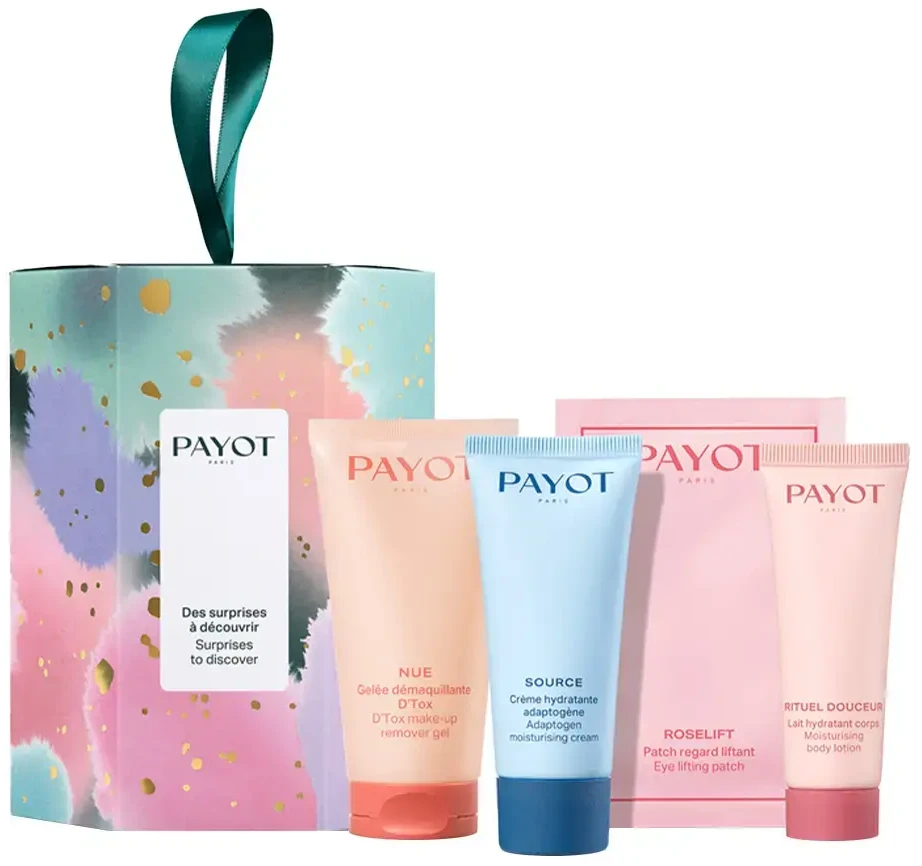 Set Payot: Nue makiažo valiklis Gel, 50 ml + Source Adaptogen Hydrating Kreminis For Face, 30 ml + Rituel Douceur Hydrates Losjonas kūnui Body, 25 ml + Roselift Lifting Eye Patch, 2 vnt., 2 g