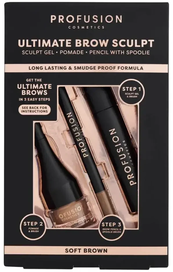 Set Profusion Cosmetics: Ultimate Brow Sculpt Eyebrow Gel Soft Brown 1.8 g + Ultimate Brow Sculpt Defining Eyebrow Kreminis Pieštukas & 2-In-1 Soft Brown 0.07 g + Ultimate Brow Sculpt Eyebrow Pomade Soft Brown, 4 ml