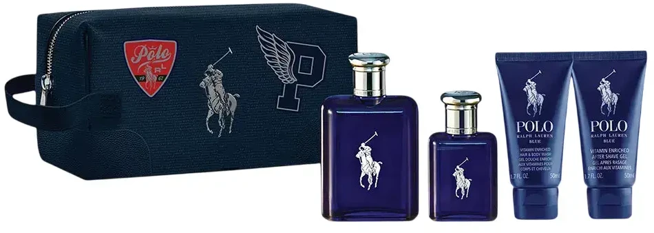 Set Ralph Lauren: Polo Mėlyna Eau De Toilette For Men, 125 ml + Polo Mėlyna Eau De Toilette For Men, 40 ml + Polo Mėlyna Dušo želė & Šampūnas 2-In-1, 50 ml + Polo Mėlyna Moisturizing After-Shave Balm, 50 ml