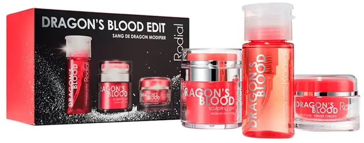 Rinkinys „Rodial“: „Dragon's Blood“ intensyviai drėkinamasis kremas veidui, 50 ml + „Dragon's Blood“ skulptūrinis gelis veidui, 50 ml + „Dragon's Blood“ valomasis micelinis vanduo visiems odos tipams, 100 ml