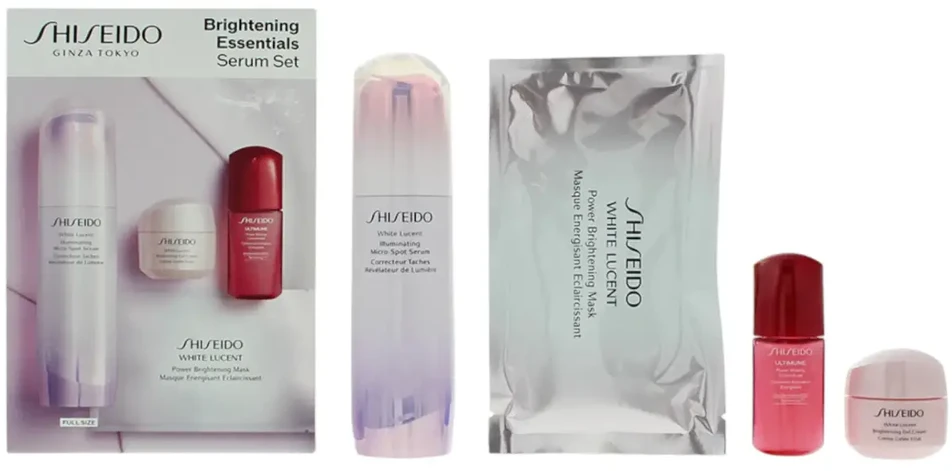 Rinkinys „Shiseido“: „Brightening Essentials“ pigmentą koreguojantis serumas veidui, 50 ml + „Brightening Essentials“ drėkinamasis serumas veidui, 10 ml *Miniatiūrinis + „Brightening Essentials“ drėkinamasis gelis „Kreminis“ veidui ir kaklui, 15 ml + „Brightening Essentials“ drėkinamasis lakštas