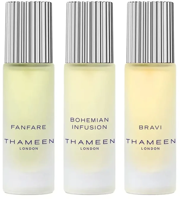 „Thameen London“ rinkinys: „Fanfare“ unisex odekolonas, 10 ml + „Bohemian Infusion“ unisex odekolonas, 10 ml + „Bravi“ unisex kvepalų ekstraktas, 10 ml