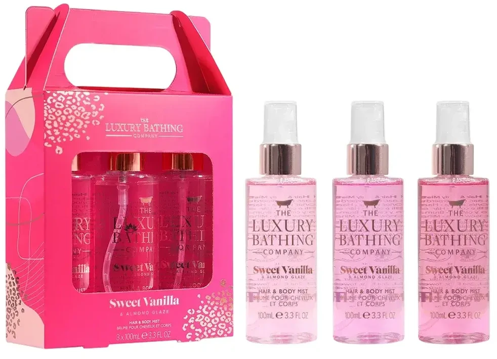 Set The Luxury Bathing Company: Sweet Vanilla & Almond Glaze Hair Scented Mist For Women, 100 ml + Sweet Vanilla & Almond Glaze Refreshing Body Purškiklis Aquatic & Floral, 100 ml + Sweet Vanilla & Almond Glaze Shimmering Body Purškiklis, 100 ml