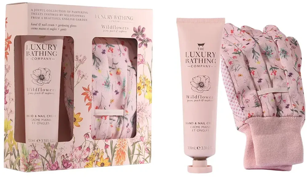 Set The Luxury Bathing Company: Wildflowers Moisturizing Hand Kreminis, 100 ml + Wildflowers Gardening Synthetic Gloves For Women, 2 vnt.