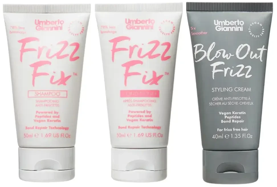 Set Umberto Giannini: Frizz Fix Hair Šampūnas Minkštinantis ir glotninantis & Repairing, 50 ml + Frizz Fix Hair Conditioner Minkštinantis ir glotninantis & Repairing, 50 ml + Blow Out Frizz Hair Styling Kreminis, 40 ml
