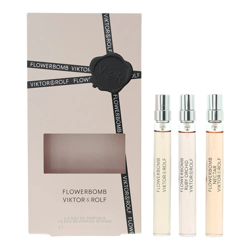 Rinkinys Viktor & Rolf: „Flowerbomb Ruby Orchid“ kvepalai moterims, 10 ml + „Flowerbomb Nectar“ kvepalai moterims, 10 ml + „Flowerbomb“ kvepalai moterims, 10 ml