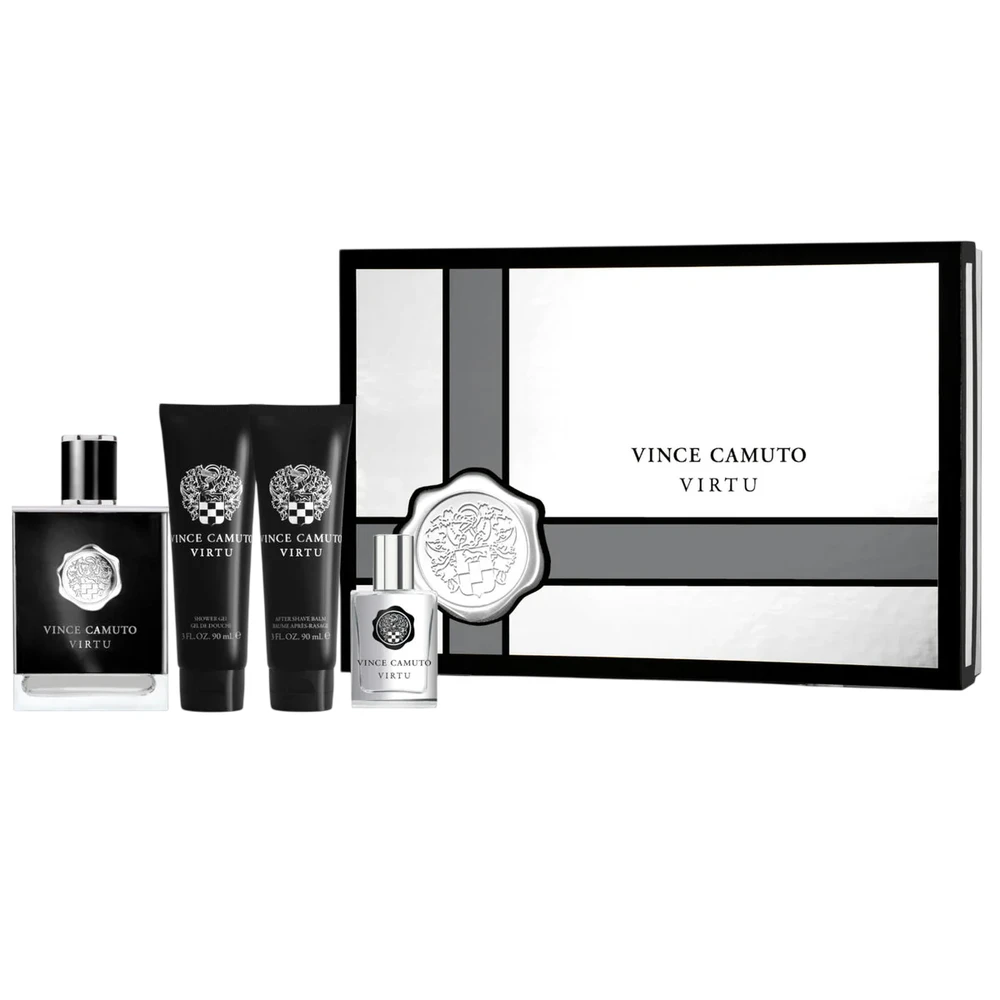 Set Vince Camuto: Virtu Eau De Toilette For Men, 100 ml + Virtu Eau De Toilette For Men, 15 ml + Virtu Moisturizing After-Shave Balm, 90 ml + Virtu Dušo želė Body, 90 ml