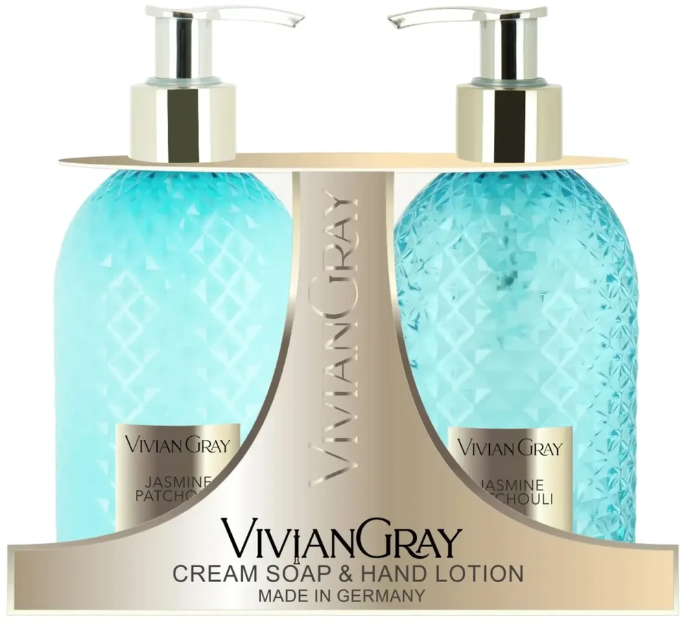 Newcos VIVIAN GRAY rinkinys Gemstone Jasmine & Patchouli: skystas kremas-muilas ir rankų losjonas, 2 x 300 ml