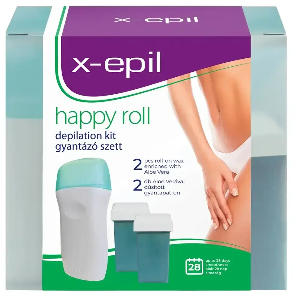 Set X-Epil: Happy Roll Aloe Vera Silky Finish Depilatory Wax Refill Body, 2 vnt., 50 ml + Happy Roll Aloe Vera Silky Finish Depilatory Wax Papildomas Body, 50 ml + X-Epil Hair Removal Wax Strips For Legs, 10 vnt.
