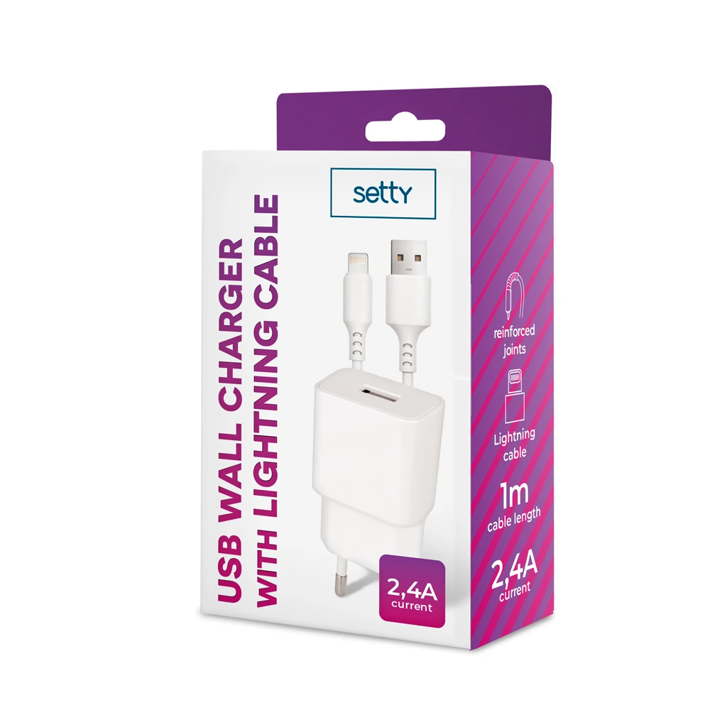 TelForceone "Setty" įkroviklis 1x USB 2,4A baltos spalvos + "Lightning" laidas 1,0 m NAUJIENA