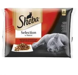 Ėdalas katėms SHEBA, įvairios mėsos rinkinys, maišeliuose, 4 x 85 g