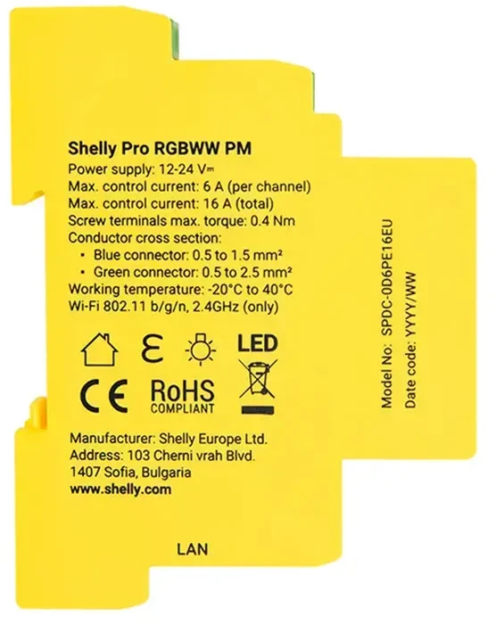 Shelly RGBWW Pro WiFi 5 kanalų DIN bėgio apšvietimo valdiklis