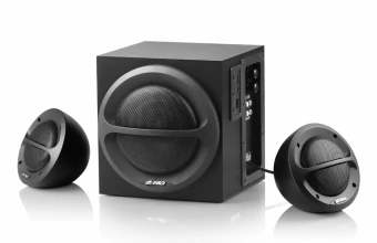 Kompiuterio kolonėlės Fenda F&D A111X 2.1 daugialypės terpės garsiakalbiai, 35 W RMS (11 Wx2 + 13 W), 2x4 colių palydovai + 4 colių žemųjų dažnių garsiakalbis, BT 5.0 / AUX / USB / FM / nuotolinio valdymo pultas / medinis / Juodas