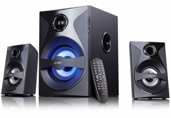 Kompiuterio kolonėlės Fenda F&D F380X 2.1 daugialypės terpės garsiakalbiai, 54 W RMS (13 Wx2 + 28 W), 2x3 colių palydovai + 5,25 colių žemųjų dažnių garsiakalbis, BT 5.0 / NFC / AUX / USB / FM / SD kortelių skaitytuvas / kelių spalvų LED / LED Ekranas / nuotolinio valdymo pultas /Medinis/Juodas
