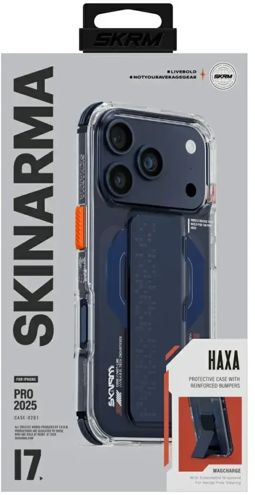 Dėklas Skinarma Haxa Apple iPhone 17 Pro Magnetic Charging + Grip Stand mėlynas