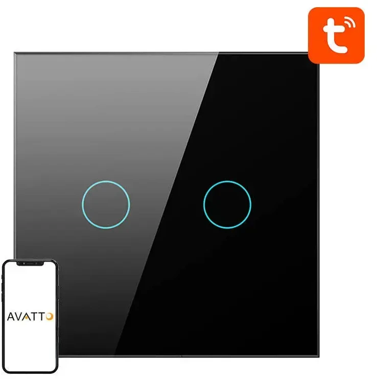 Išmanusis šviesos jungiklis „ZigBee“ „Avatto ZTS02-EU-B2“ 2 padėčių TUYA juodos spalvos