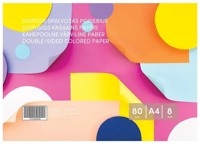 Smlt Krāsains papīrs, divpusējs, A4, 8 loksnes, 80gsm