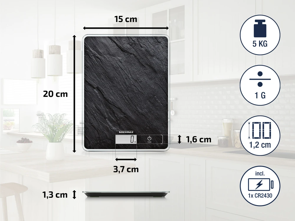 Virtuvinės svarstyklės Maisto Svarstyklės - Soehnle Page Compact 300, 5kg Talpa, 1g Tikslumas, Juoda Slate