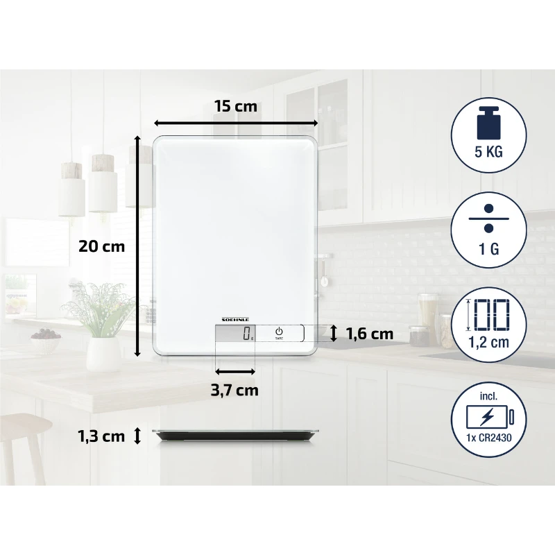 Virtuvinės svarstyklės Maisto svarstyklės - Soehnle Scale Page Compact 300 235x190x25mm Balta