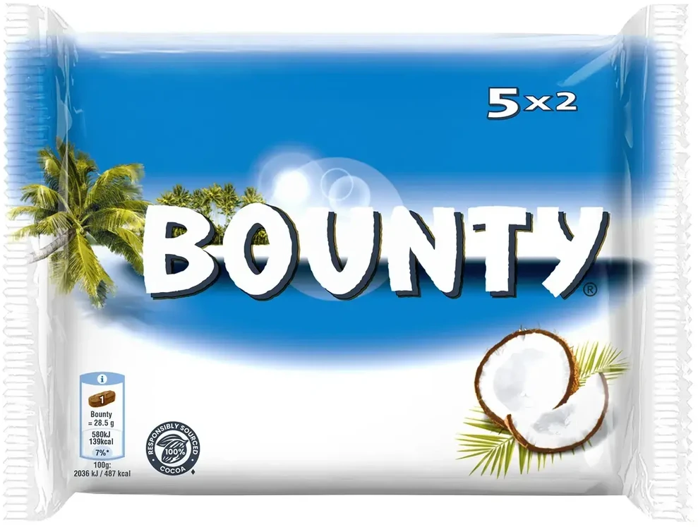 Pieninis šokoladinis batonėlis BOUNTY su švelniu kokosų įdaru, 5 x ( 2 x 28,5 g )