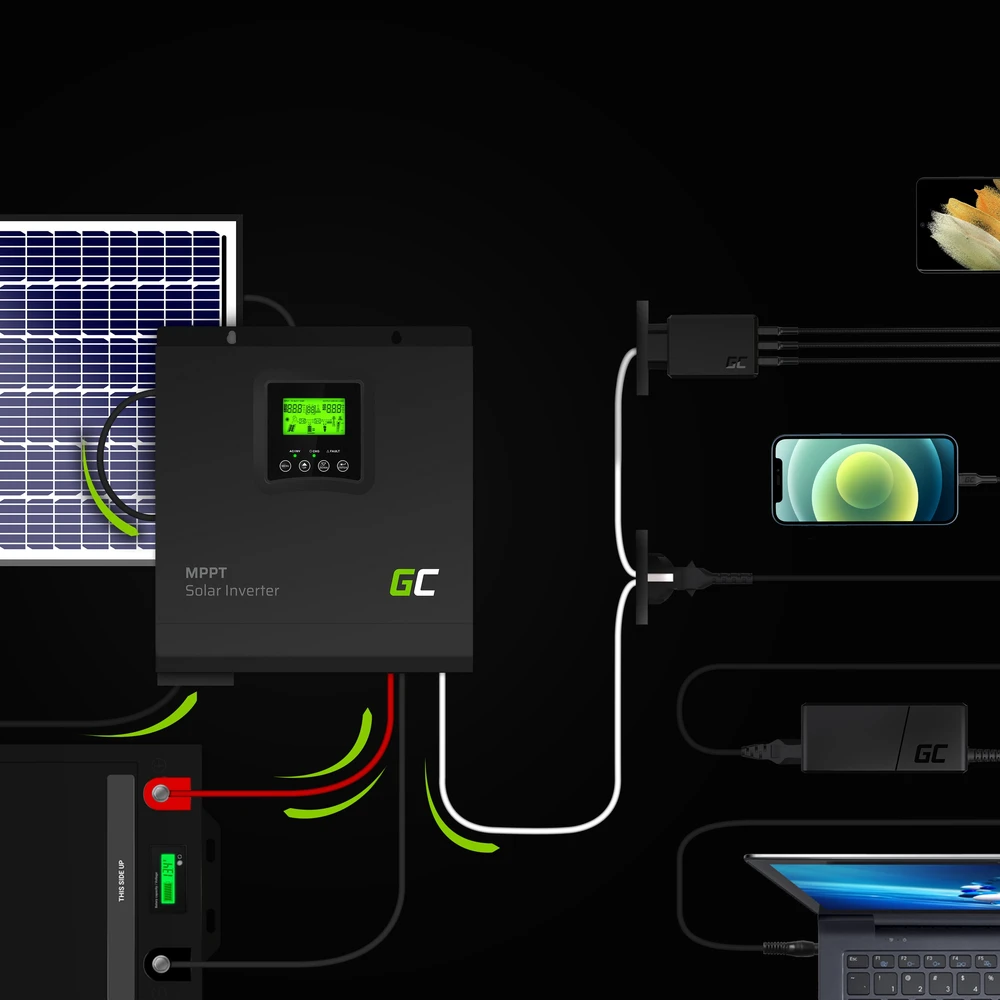 Green Cell Žalias Cell MPPT saulės energijos inverteris 24VDC 230VAC 3000VA / 3000W gryna sinusinė įtampa