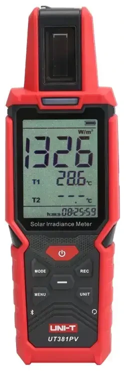 Saulės spinduliuotės matuoklis, 1400W/m², -40～120℃, –90.0~+90.0 °, 0~360°, Bluetooth, IP65, UNI-T