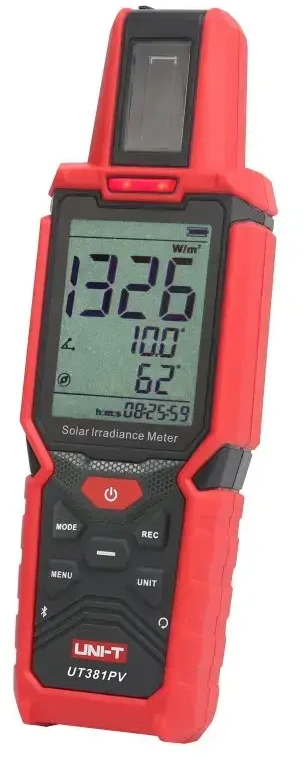 Saulės spinduliuotės matuoklis, 1400W/m², -40～120℃, –90.0~+90.0 °, 0~360°, Bluetooth, IP65, UNI-T