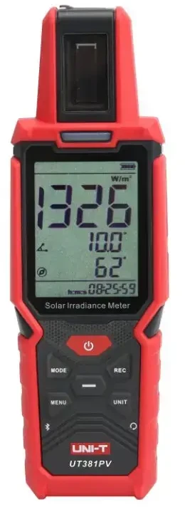 Saulės spinduliuotės matuoklis, 1400W/m², -40～120℃, –90.0~+90.0 °, 0~360°, Bluetooth, IP65, UNI-T