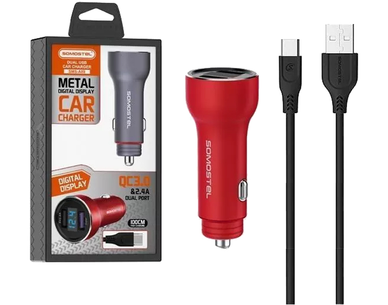 Somostel 30W 2x USB raudona + kabelis Typ-C
