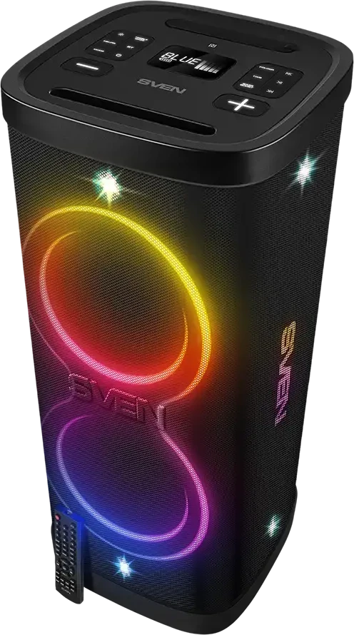 Speaker Party Box SVEN PS-1250, juodas (300W, TWS, IPx4, Bluetooth, FM, USB, Micro SD, LED-display, 13500mAh)