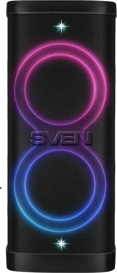 Speaker Party Box SVEN PS-1250, juodas (300W, TWS, IPx4, Bluetooth, FM, USB, Micro SD, LED-display, 13500mAh)