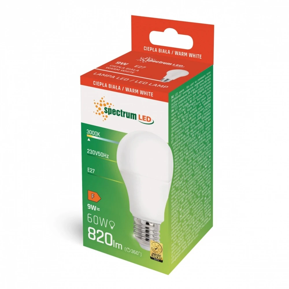 Lemputė Spectrum LED, E27 A60 9W 3000K 820LM PL
