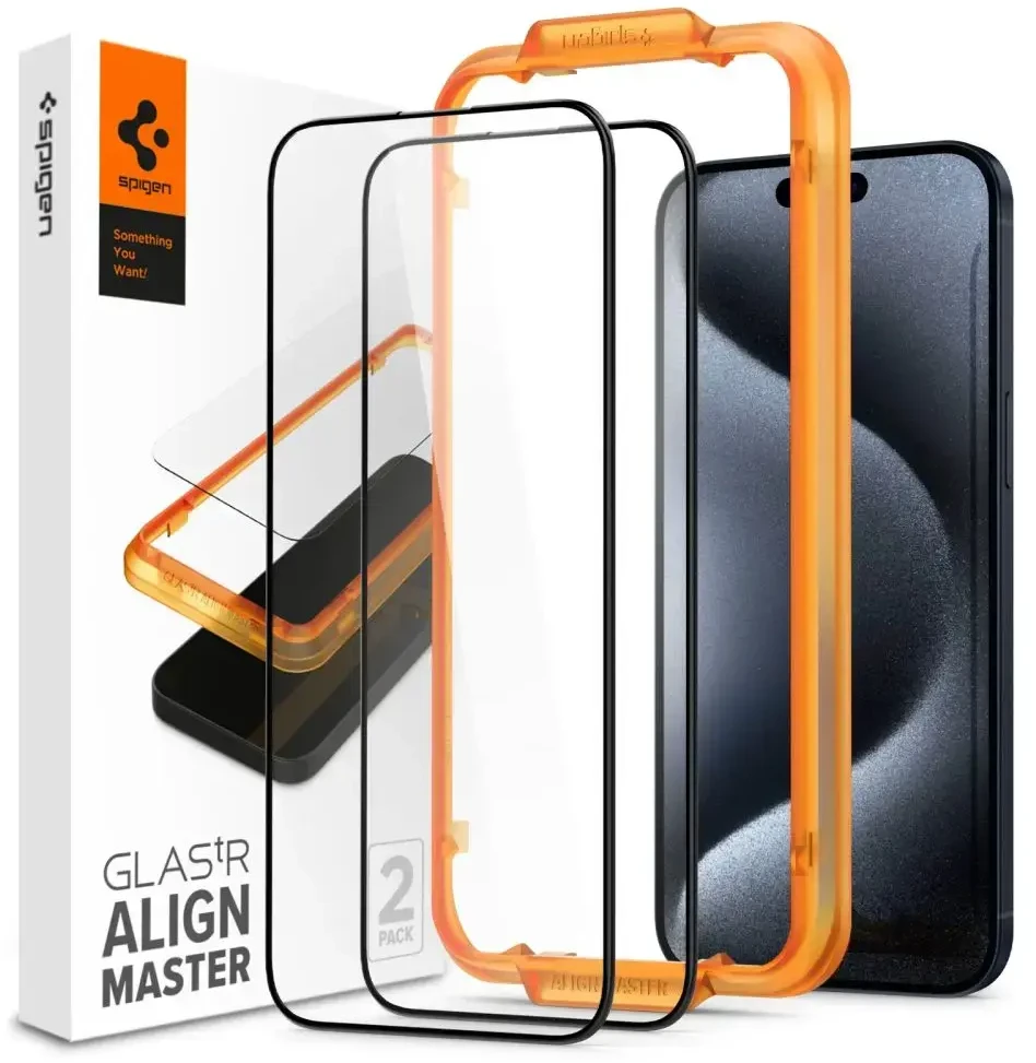 Apsauginis stiklas telefonui iPhone 15 Pro Spigen ALM Glass FC 2-pack su juodu rėmeliu