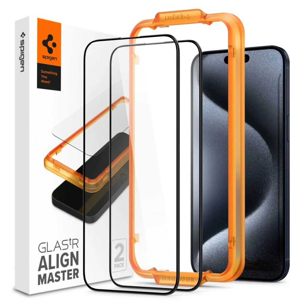Apsauginis stiklas telefonui Apple iPhone 15 Pro Spigen ALM Glass FC 2-pack juodos spalvos krašteliu