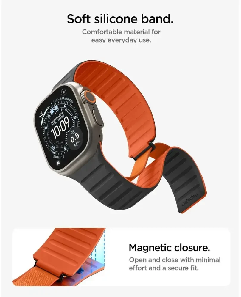 Spigen „Athlex Air M“ išmaniojo laikrodžio dėklas „Apple Watch“ 8/9/10/11/SE/Ultra (44/45/46/49 mm) | juodas/oranžinis