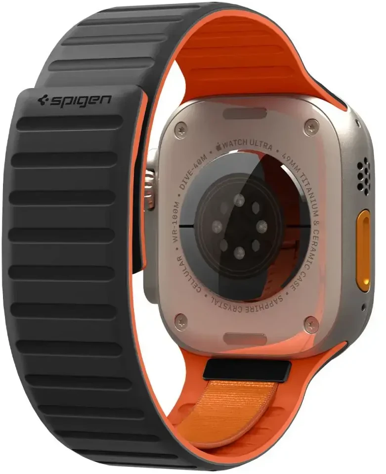 Spigen „Athlex Air M“ išmaniojo laikrodžio dėklas „Apple Watch“ 8/9/10/11/SE/Ultra (44/45/46/49 mm) | juodas/oranžinis