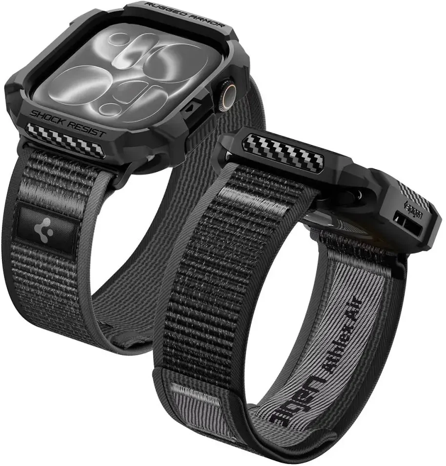 SPIGEN ATHLEX AIR + RUGGED ARMOR APPLE WATCH 10 / 11 / 12 (46 MM) aktyvi juoda/pilka