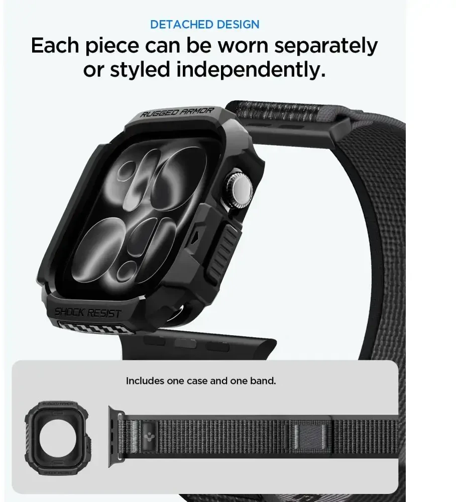 SPIGEN ATHLEX AIR + RUGGED ARMOR APPLE WATCH 10 / 11 / 12 (46 MM) aktyvi juoda/pilka